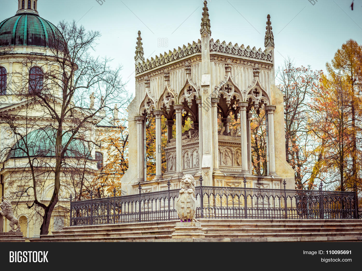 architecture,art,christianity,church,clouds,column,cross,culture,dome,duke,europe,european,fence,garden,gothic,grave,green,lion,mausoleum,museum,palace,park,poland,polish,potocki,shield,sightseeing,stairs,stucco,tomb,travel,tree,warsaw,wilanow
