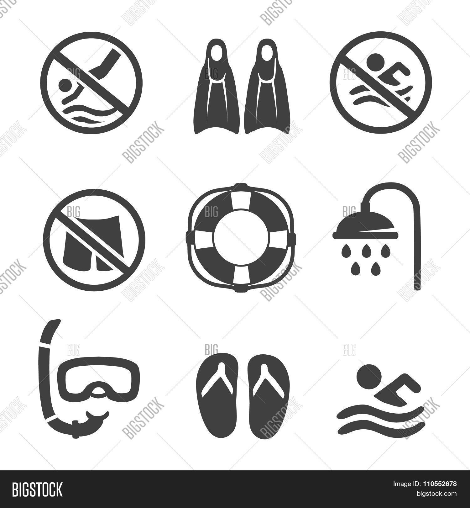 Swimming Pool Icons Diving Mask Flippers And Shower Sport