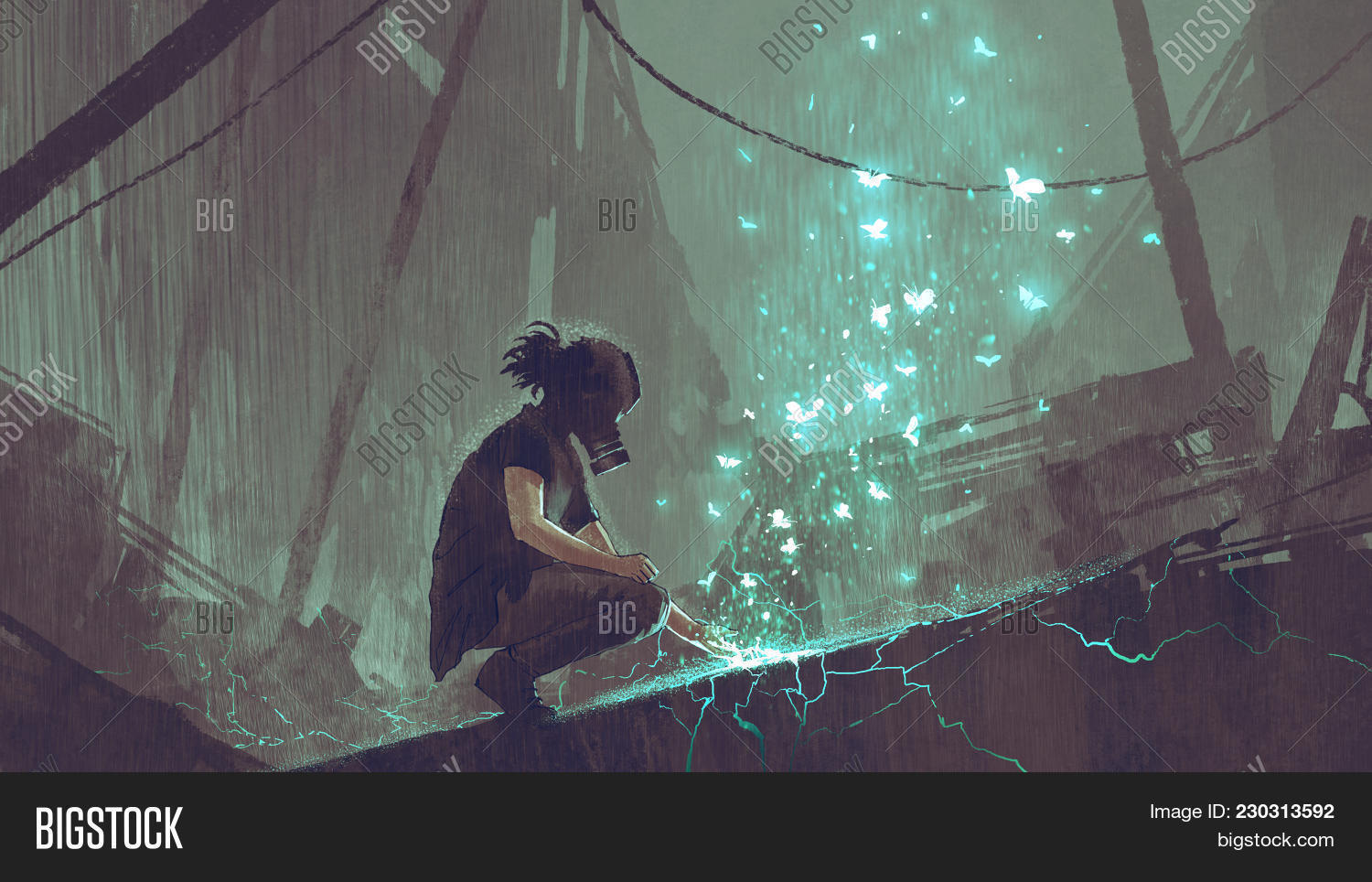 acrylic,apocalypse,art,artwork,butterflies,city,concept,danger,destroyed,disaster,dramatic,dystopian,environment,gas,glowing,green,illustration,imagination,insects,light,magic,mask,night,outdoor,painting,pollution,post,protection,rain,sci-fi,sitting,toxic