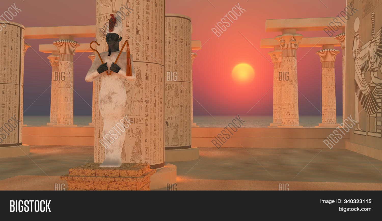 3D,Asiri,Ausar,Ausir,Egypt,Egyptian,Illustration,Nubia,Osiris,afterlife,ancient,archeology,architecture,building,civilization,culture,deity,desert,dynasty,god,heritage,hieroglyphs,historical,history,image,monument,museum,mythology,old,pharaoh,picture,pillar,place,resurrection,sacred,sanctuary,shrine,statue,sunrise,sunset,temple,worship
