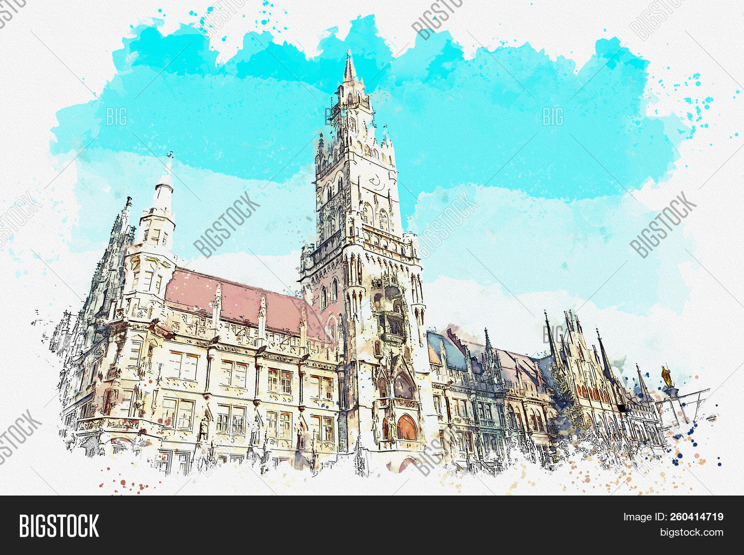 aquarelle,architectural,architecture,artwork,bavaria,building,card,cartoon,cathedral,church,city,cityscape,colored,drawing,drawn,europe,european,exterior,facade,german,germany,graphic,hall,hand,illustration,landmark,marienplatz,munchen,munich,oil,paint,painting,paper,pattern,postcard,poster,scenic,sight,sightseeing,sketch,sketching,tourism,tourist,tower,town,travel,urban,view,watercolor,watercolour