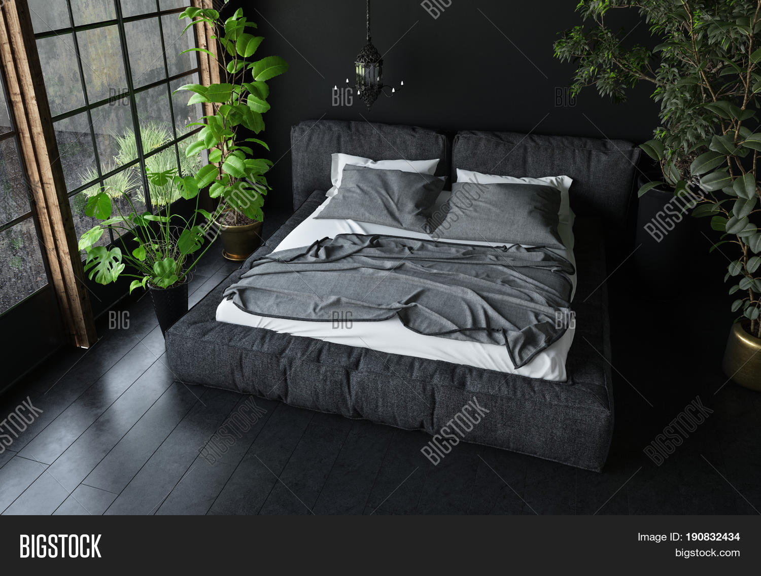 3d,accommodation,apartment,architecture,bed,bedroom,black,dark,decor,design,floor,furnishing,furniture,glass,gloomy,grey,high angle,home,hotel,house,interieur,interior,luxury,messy,modern,monochromatic,panes,parquet,plant,potted,queen-size,render,rendering,shadows,sleeping,sombre,tree,trendy,unmade,upmarket,window,wood