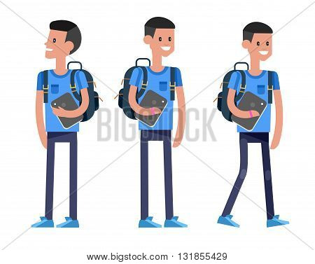 Vector detailed character flat design child students. Kids  smiling holding Gadgets and backpacks. Primary or elementary school child character. Vector child character. Illustration character child