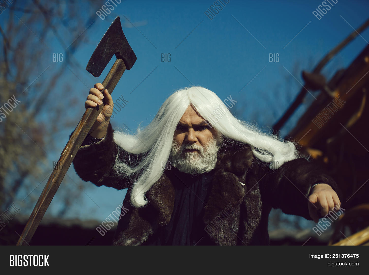 Brutal Druid Old Man With Long Silver Hair And Beard In Fur