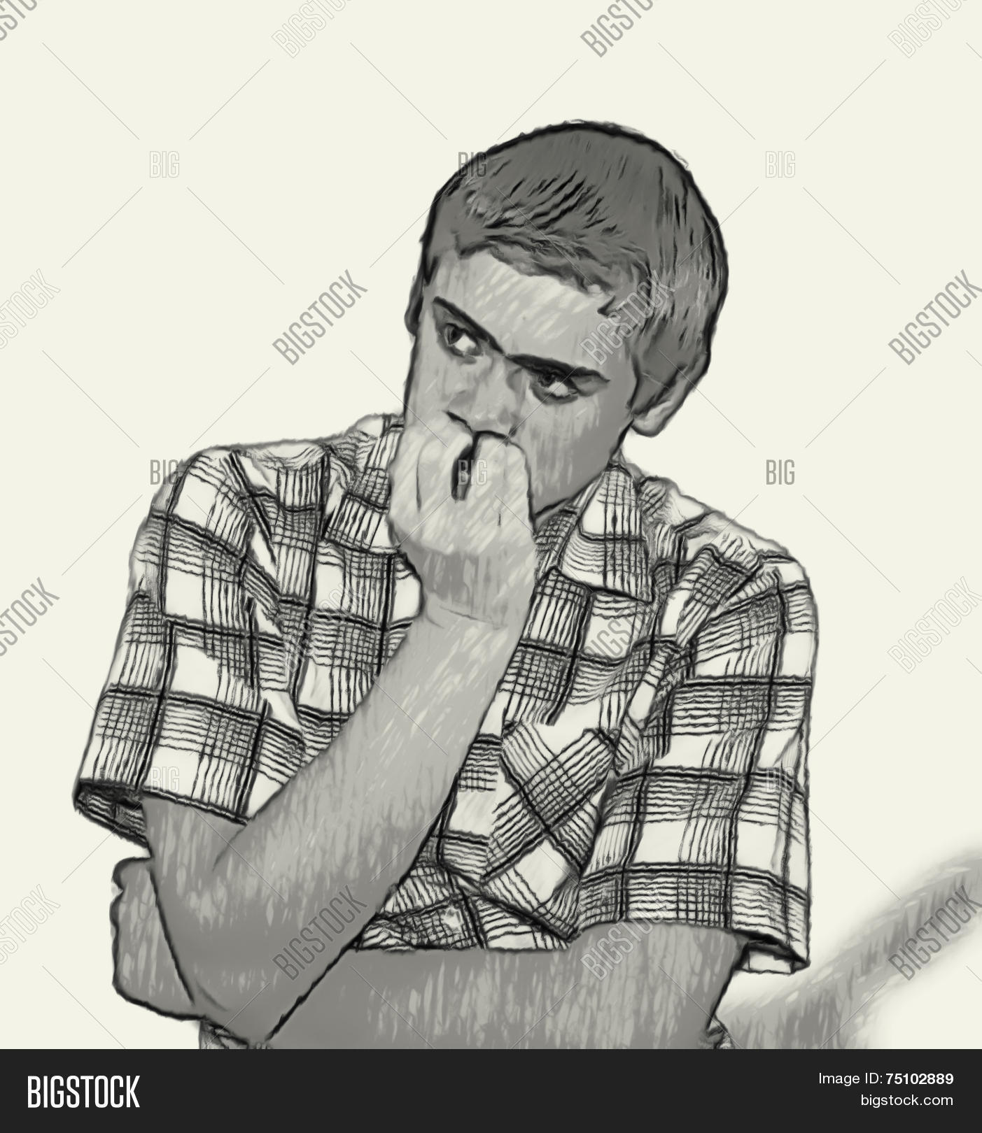 attitude,attractive,biting,blond,blue,body,body language,boy,checked,clipart,collar,cover,drawing,dressed,european,expression,expressive,eyes,face,frightened,gesture,hand,intimidated,isolated,isolation,language,lingo,look,looking,nails,neat,nervous,position,posture,scared,shirt,shocked,sketch,teen,teenaged,uncertain,unibrow,well,white,young
