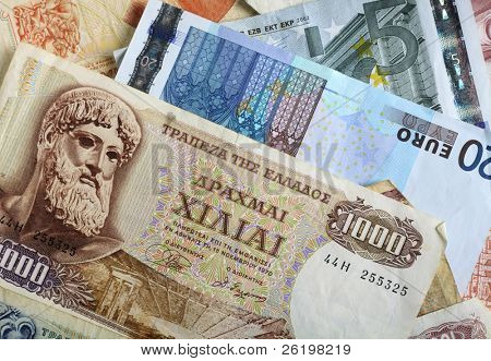 A Mixture Of Old Greek Drachma Banknotes And Euro Notes That Greek Drachma Banknotes And Euro Notes