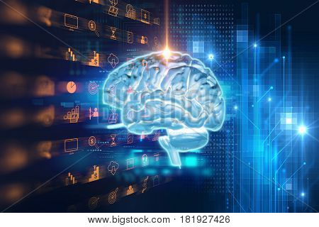 3D Rendering Of Human Brain On Technology Background image & stock ...