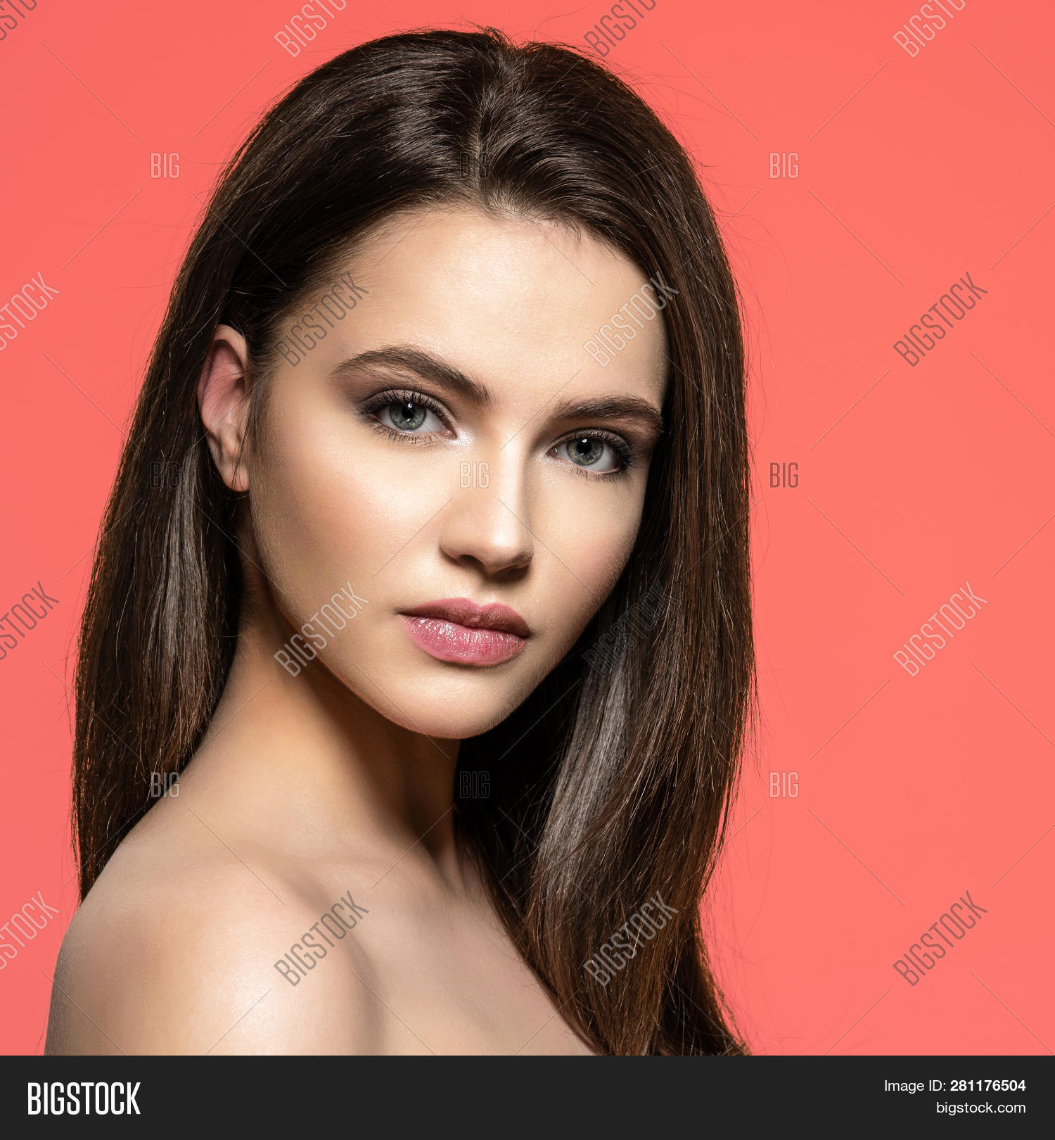 beautiful,beauty,black,brown hair,brunette,caucasian,face,fashion,female,girl,glamour,hair,hairstyle,isolate,living coral,long,long hair,makeup,model,one,pantone 2019,portrait,pretty,salon,sexy,straight,straight hair,style,wind,woman,women