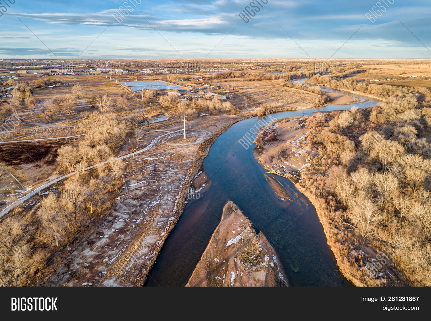 aerial,aerial photogrpahy,bike trail,city,colorado,evans,evening,farmland,landscape,park,plains,platte river,power line,riparian forest,river,riverside park,rural,sandbar,south platte river,trail,water,weld county,winter