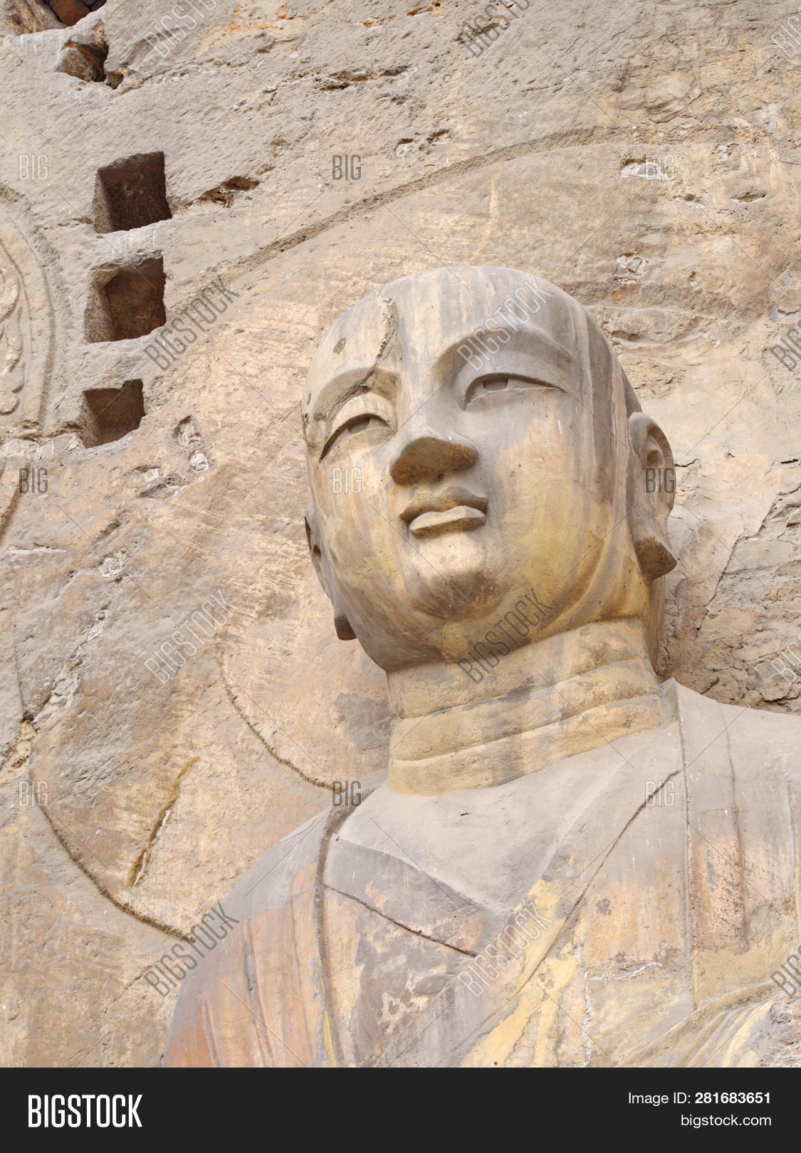 Luoyang Longmen Grottoes. Broken Buddha And The Stone Caves And ...