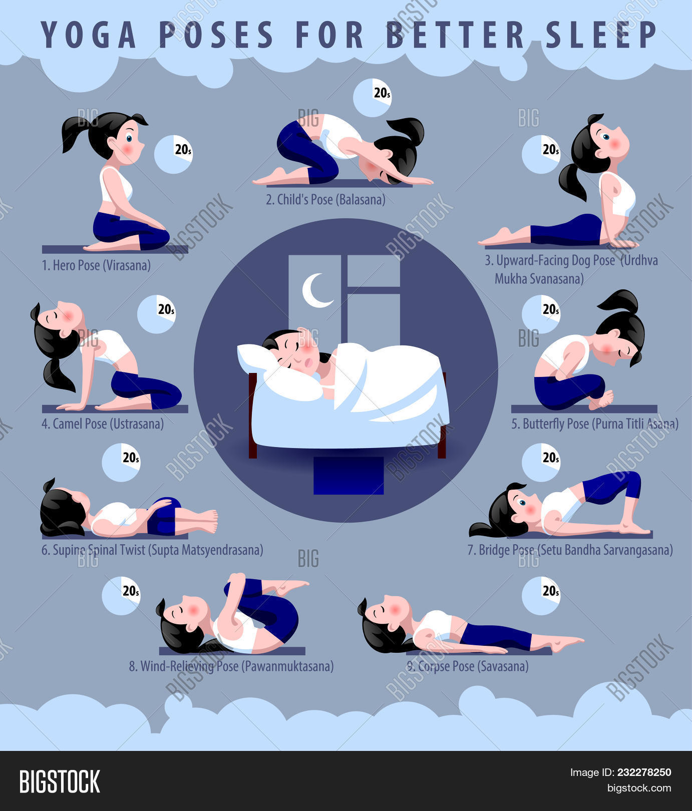 🔥 Yoga poses for better sleep. Fitness exercises with cartoon