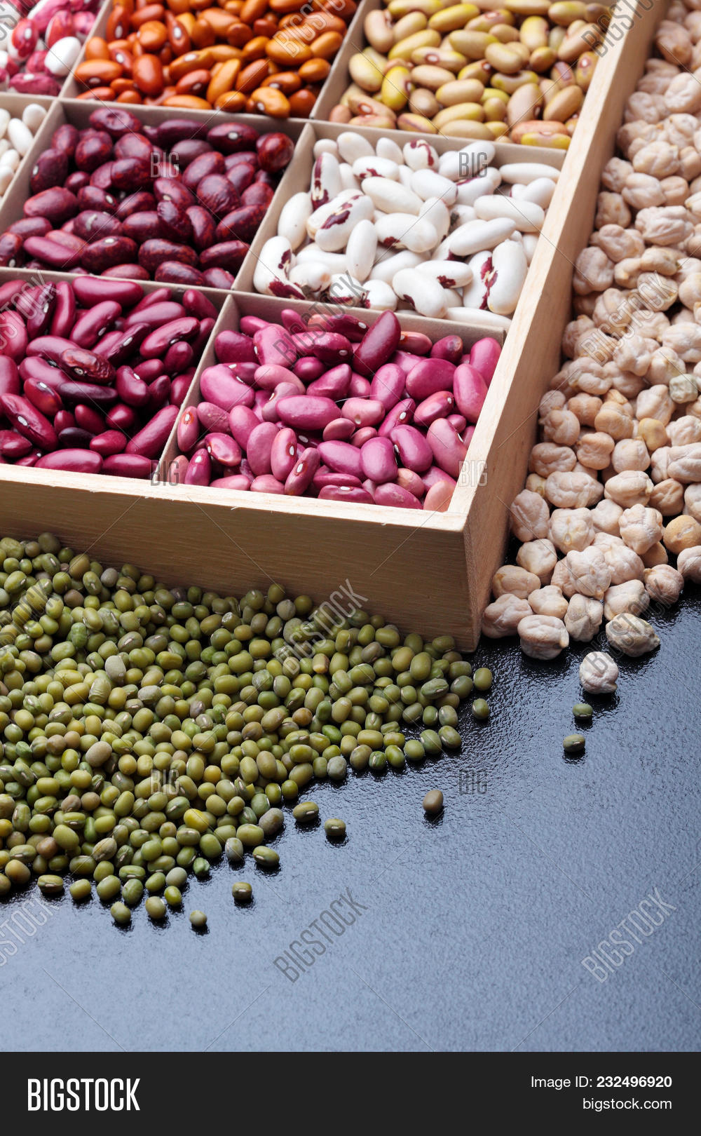 Different Types Of Legumes Beans. In Wooden Box.varieties Of Beans.top ...