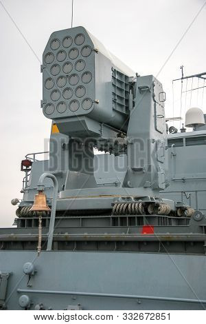 Multi-barrel Missile Launcher On A Nato Ship. Many Gun Barrels. An Interesting System Of Depreciatio