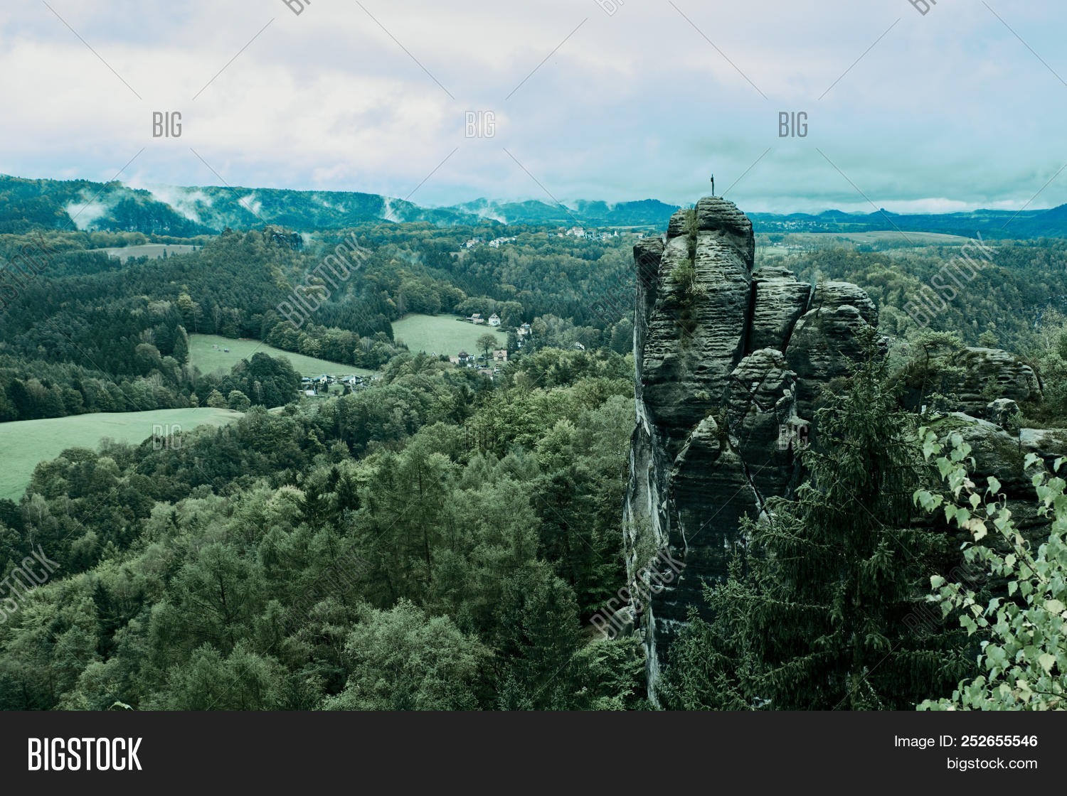 Misty Landscape With Fir Forest In Hipster Vintage Retro Style Of Elbe Sandstone Mountains Location Image Stock Photo 252655546