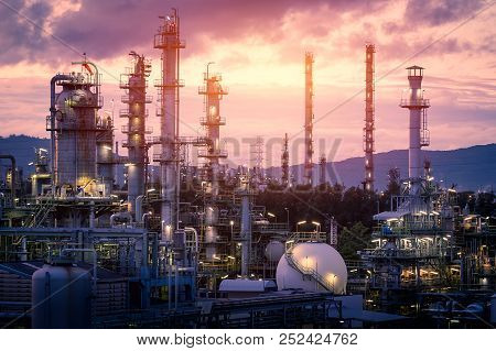 Gas Refinery Plant On Sunset Sky Background Manufacturing Of Petrochemical Industrial Plant With Di 252424762 Image Stock Photo