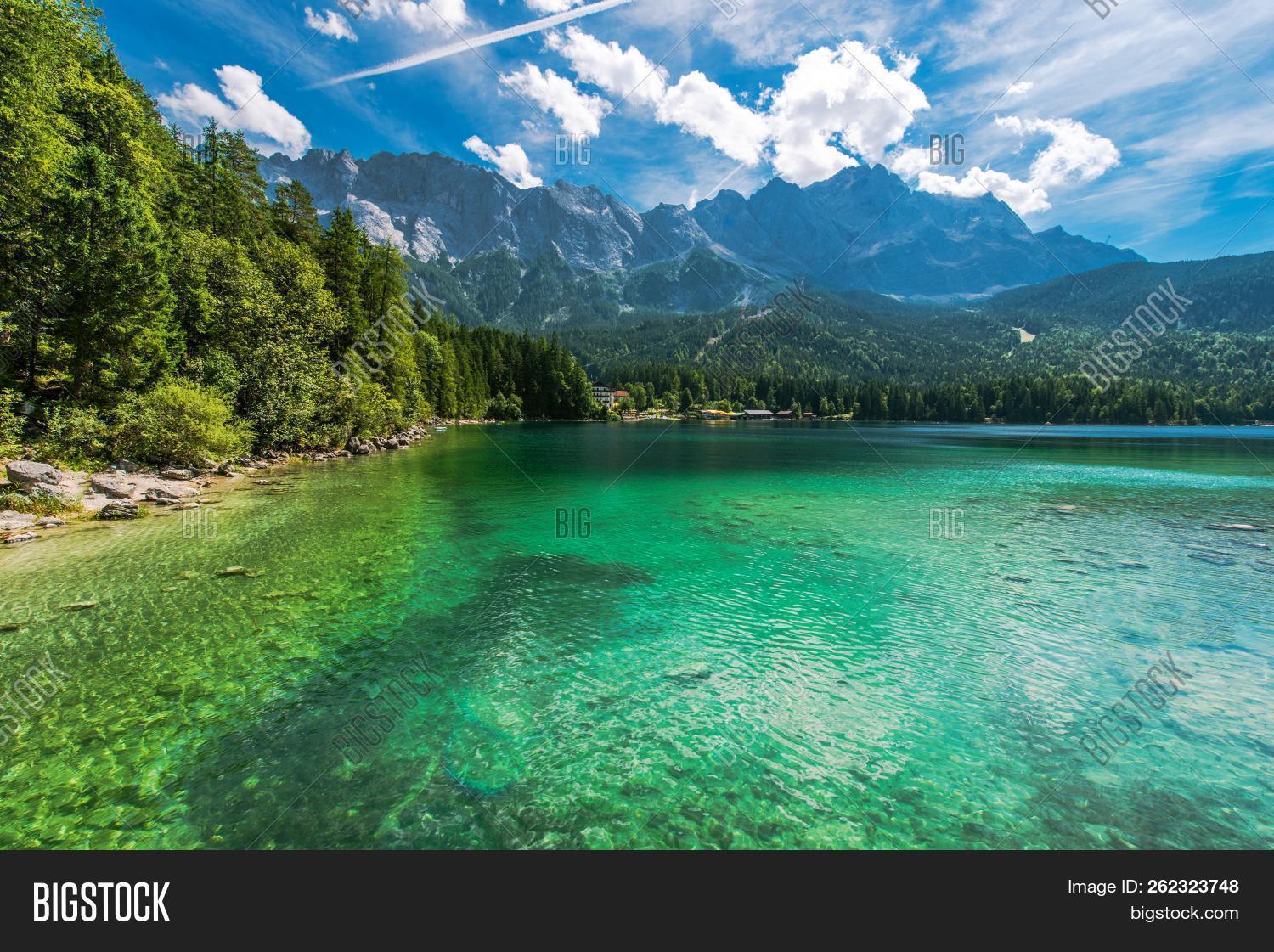Bavarian Lake Eibsee Germany Europe Panoramic Photo Scenic Mountain Landscape Image Stock Photo 262323748