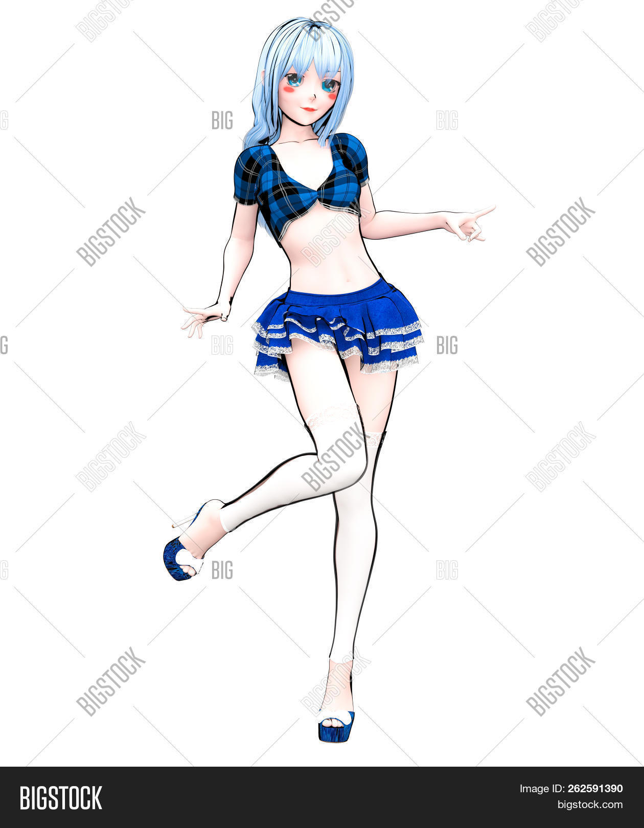 3d Sexy Anime Doll Japanese Anime Schoolgirl Big Blue Eyes Bright Makeup Short Blue Jeans Skirt Blou 262591390 Image Stock Photo