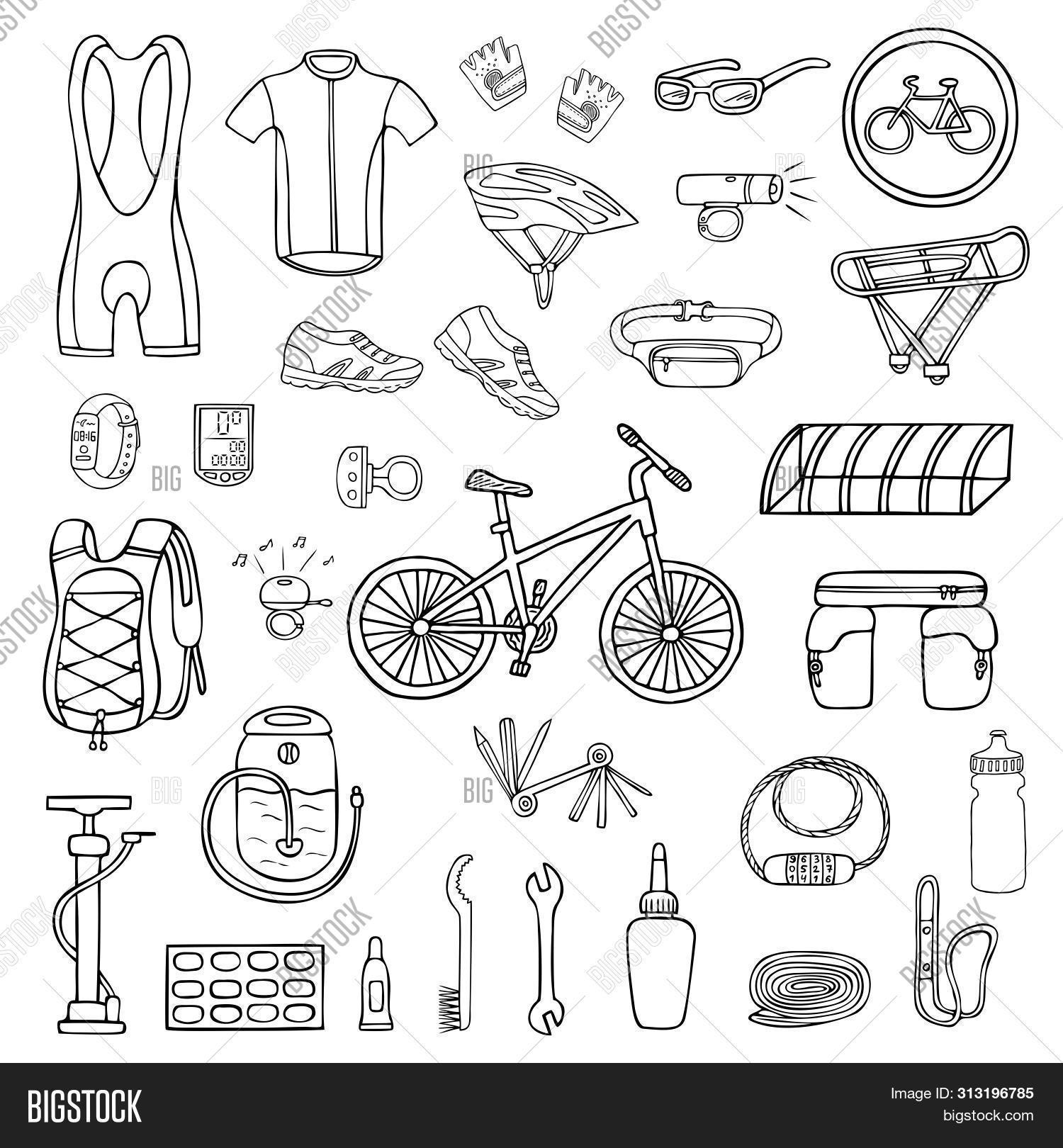 accessory,art,background,backpack,bag,bell,bicycle,bike,black,bottle,cage,carrier,clothing,collection,computer,cycling,design,doodle,drawing,drawn,element,equipment,fitness,gear,hand,helmet,icon,illustration,isolated,light,line,lock,mountain,protection,pump,riding,road,set,shoe,shorts,sign,sketch,sport,station,sunglasses,symbol,tool,vector,water,white