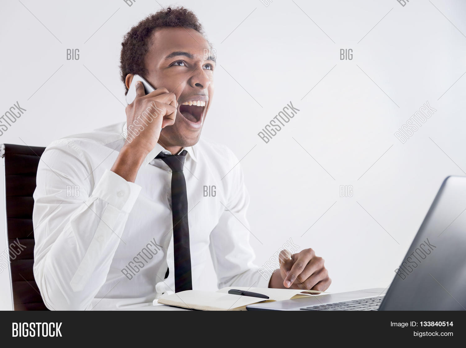 Wallpaper Black Man Shouting On Phone 133840514 Image Stock Photo For Android