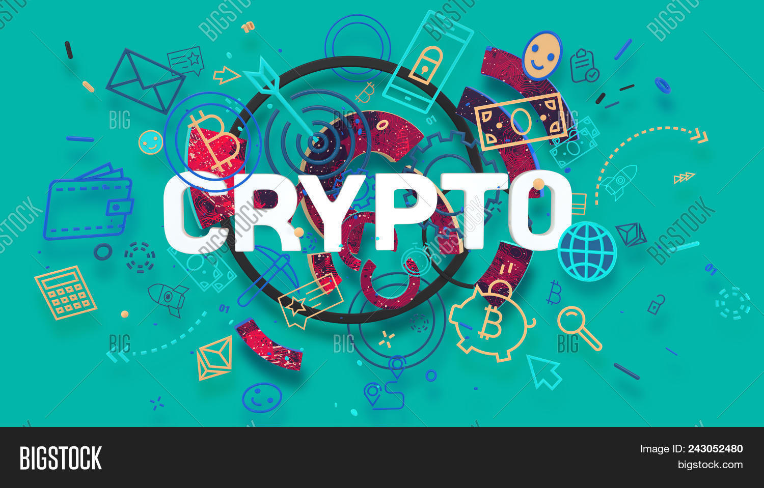 Colorful Trendy Banner With Stylized Signs And Word Crypto