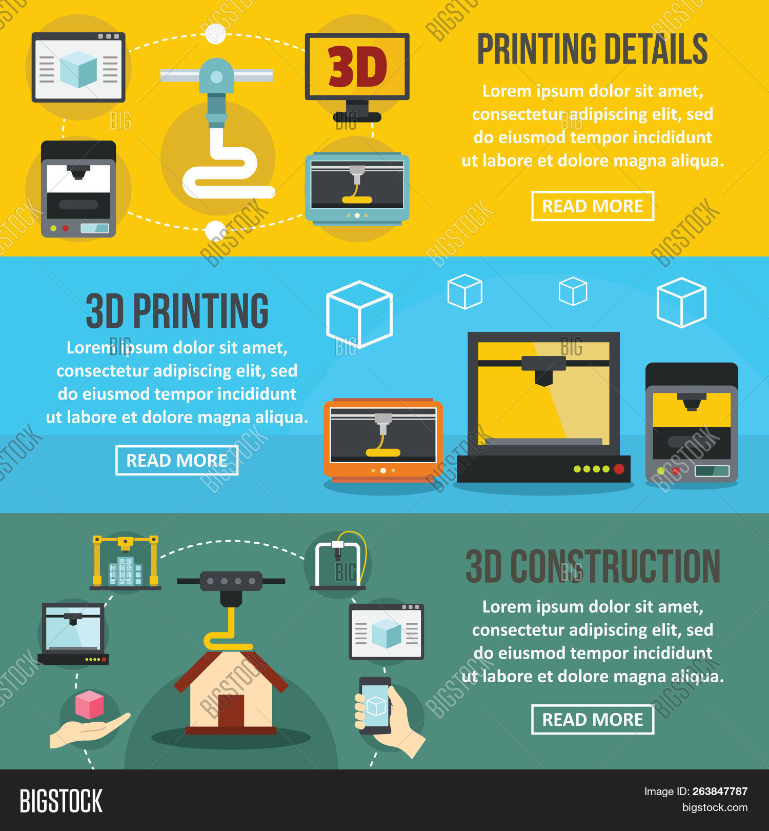 3d Printing Banner Horizontal Concept Set Flat Illustration Of