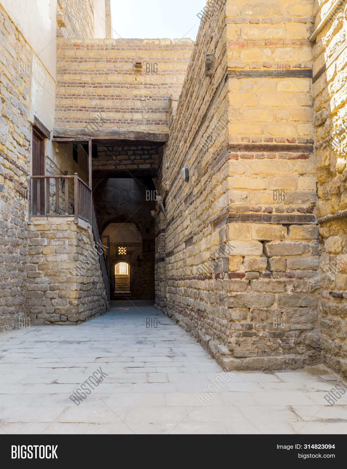 Africa,Al,Cairo,Egypt,Mansour,Moez,North,Passage,Qalawun,Sultan,aged,ancient,antique,arab,arabic,arch,architecture,balustrade,brick,building,complex,corridor,daylight,door,entrance,exterior,grunge,historic,islamic,medieval,mosque,nobody,old,ruins,staircase,stairs,stone,street,tiles,vintage,wall,weathered