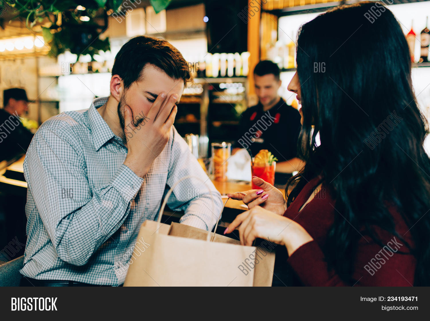 add,adult,alcohol,attractive,bad,bar,barman,bored,boring,caucasian,club,cocktail,conversation,counter,cup,dark-haired,female,feminine,girl,glass,guy,handsome,indoors,inside,interior,lifestyle,light,male,men,neighbor,nightclub,nightlife,party,people,pub,refuse,relax,rest,restaurant,sad,stand,stress,stressful,stunning,together,woman,wood,young,youth