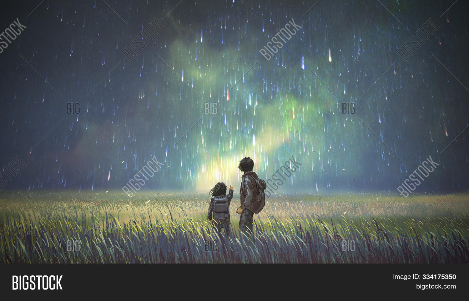 adventure,art,artwork,beautiful,brother,cheerful,concept,daughter,fantastic,father,field,girl,grass,hiking,illustration,imagination,journey,kid,landscape,looking,man,meadow,meteors,nature,night,outdoor,painting,people,scenery,science,sister,sky,space,stars,together,two,young