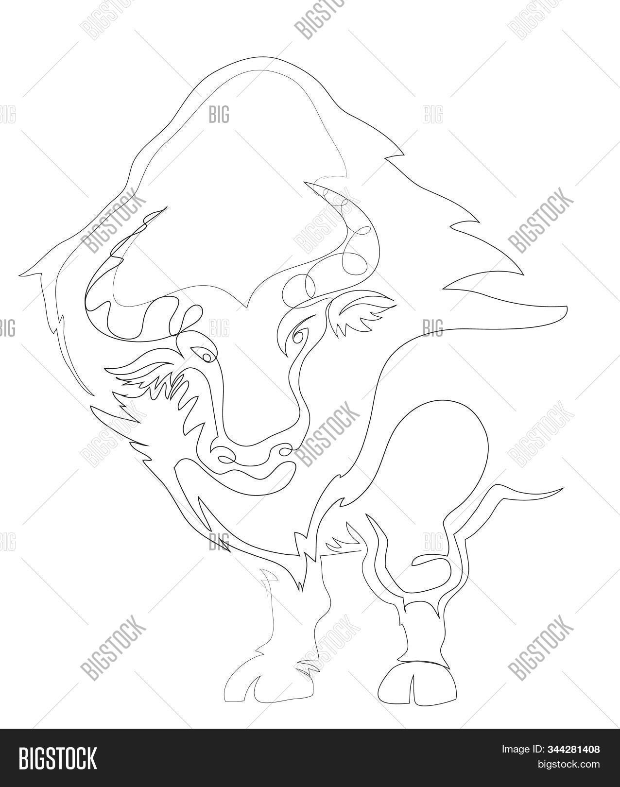 illustration,single,line,drawing,continuous,one,art,buffalo,aggressive,animal,bison,angry