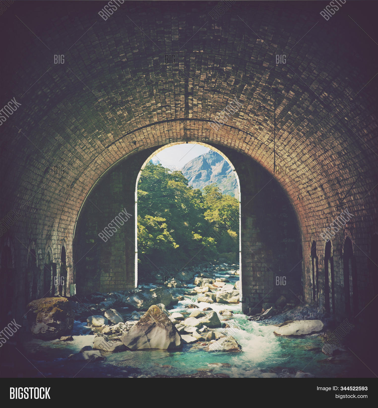 Nature,surreal,landscape,portal,river,stream,mountain,forest,gateway,tunnel,mood,atmosphere,wilderness,alpine,arch,arched,outside,in,dream,dreamlike,digital,manipulation,photo,brick,old,vintage,grunge,architecture,wanderlust,man-made,doorway,outdoors,indoors,gate,door,building,view,stone