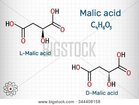 E296 Malic Acid, Stereoisomeric Forms D- And L-malic Acid Molecule. Skeletal ...