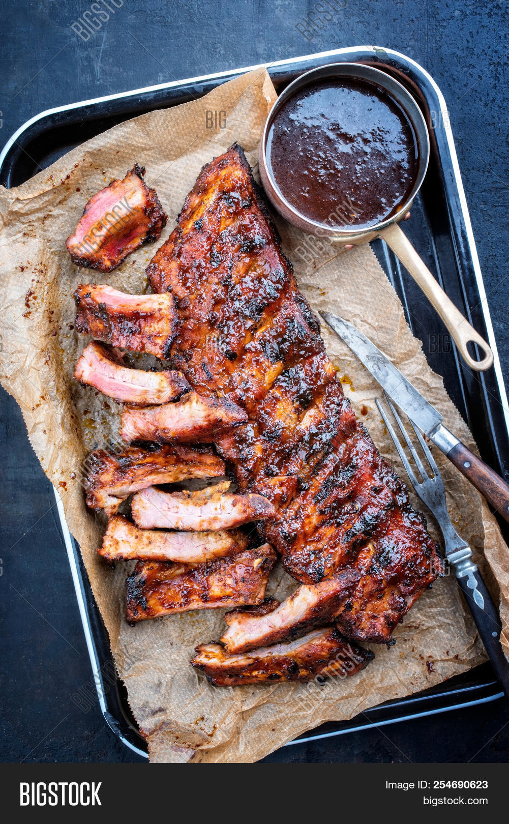 Silver Rib Barbecue spare ribs St Louis cut with hot honey chili marinade as top ...