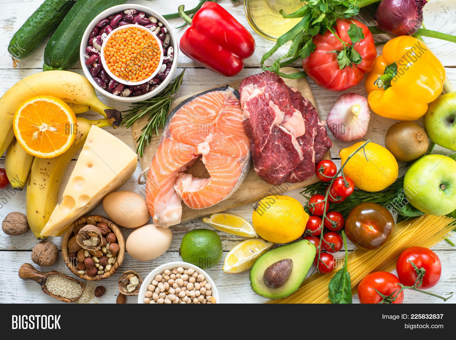 assortment,avocado,background,balanced,basil,beans,board,broccoli,cereals,cheese,chickpea,cooking,cutting,diet,dorado,egg,fish,food,heart,herbs,ingredient,kitchen,lemon,lentil,meat,nutrition,nuts,oil,organic,pepper,protein,rosemary,salad,salmon,selection,spices,stone,table,tomato,top,vegetables,view,white,wooden