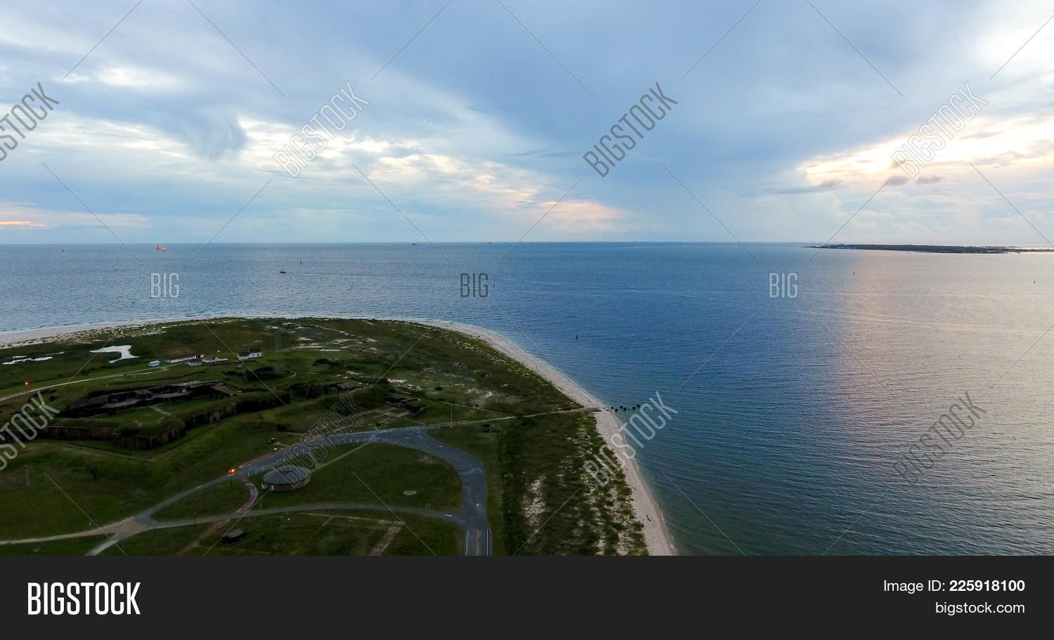 Alabama,Bay,Coast,Fort,Gulf,Mobile,Morgan,Seascape,Shores,aerial,base,civil,dusk,historic,peninsula,sunset,war