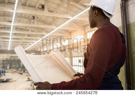 Rear View Of Pensive Purposeful Young African-american Construction Manager In Hardhat Holding Bluep