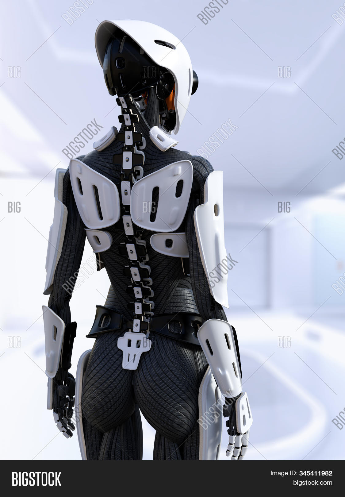 android,robot,robotic,woman,female,artificial,intelligence,ai,cyborg,fiction,future,futuristic,standing,back,mechanical,science,scifi,sci-fi,beautiful,technology,machine,machinery,metal,wires,bionic,body,cyber,virtual,cybernetics,circuit,connectivity,modern,tech,gynoid,fembot,humanoid,3d,illustration,rendering