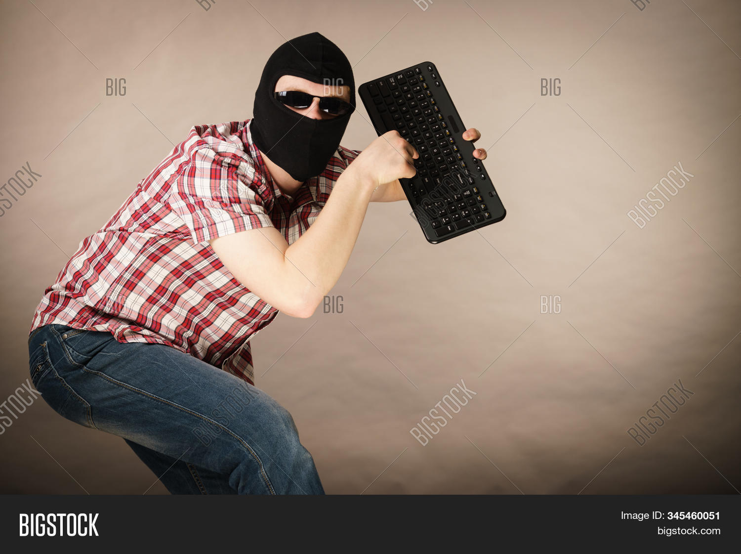 Crazy Hacker Man. Unrecognizable Guy Wearing Black Balaclava Holding ...