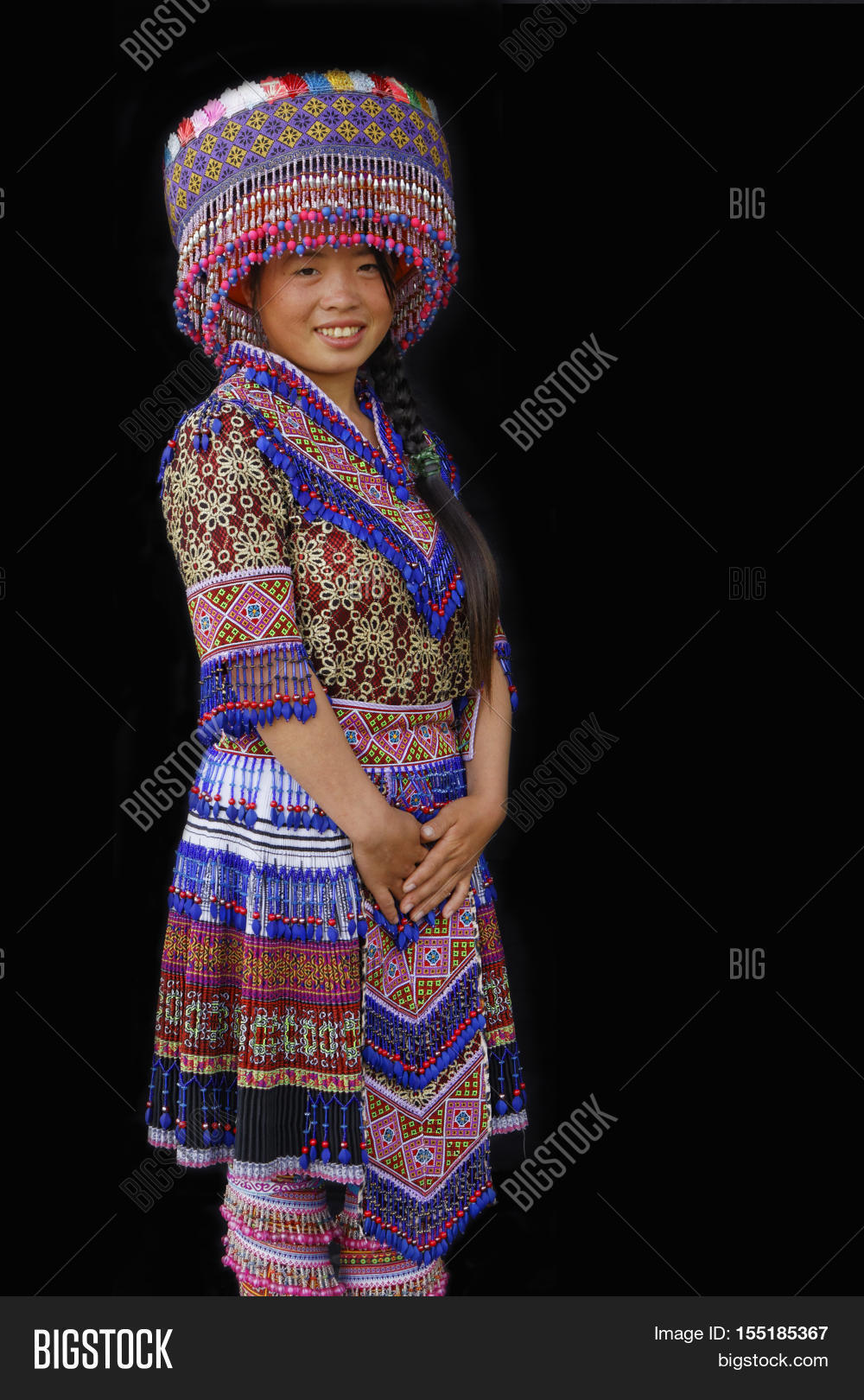 Vietnam,North,Sin,Cheng,Bac,Ha,district,woman,H'Mong,ethnic,people,clothes,tradition,market,village,portrait,Asia,South-East,hat,young,lady,smile