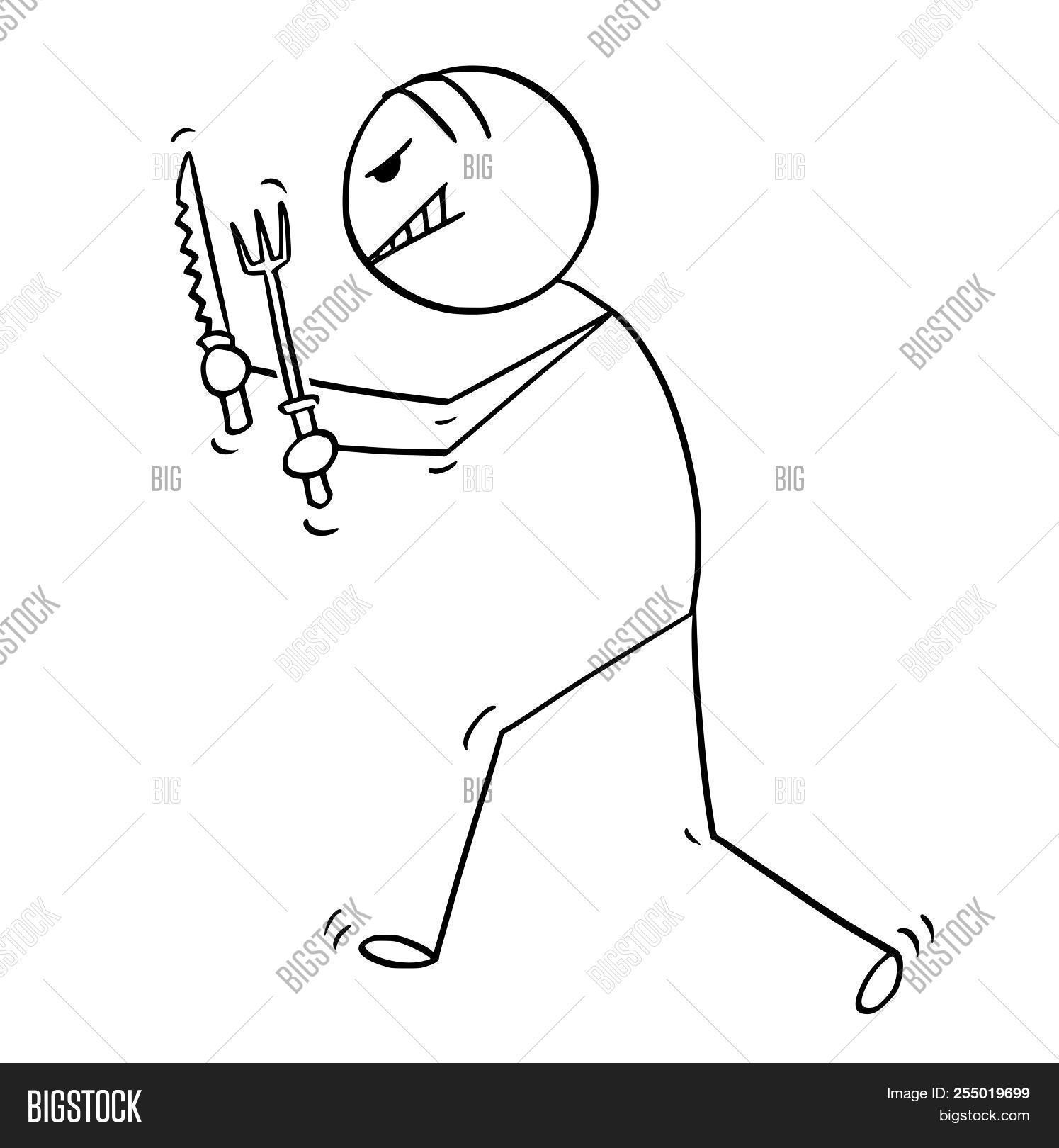Cartoon Stick Drawing Conceptual Illustration Of Insane And Mad Man Walking With Fork And Knife He Image Stock Photo 255019699 I legit have no idea why i did this insane expression: cartoon stick drawing conceptual
