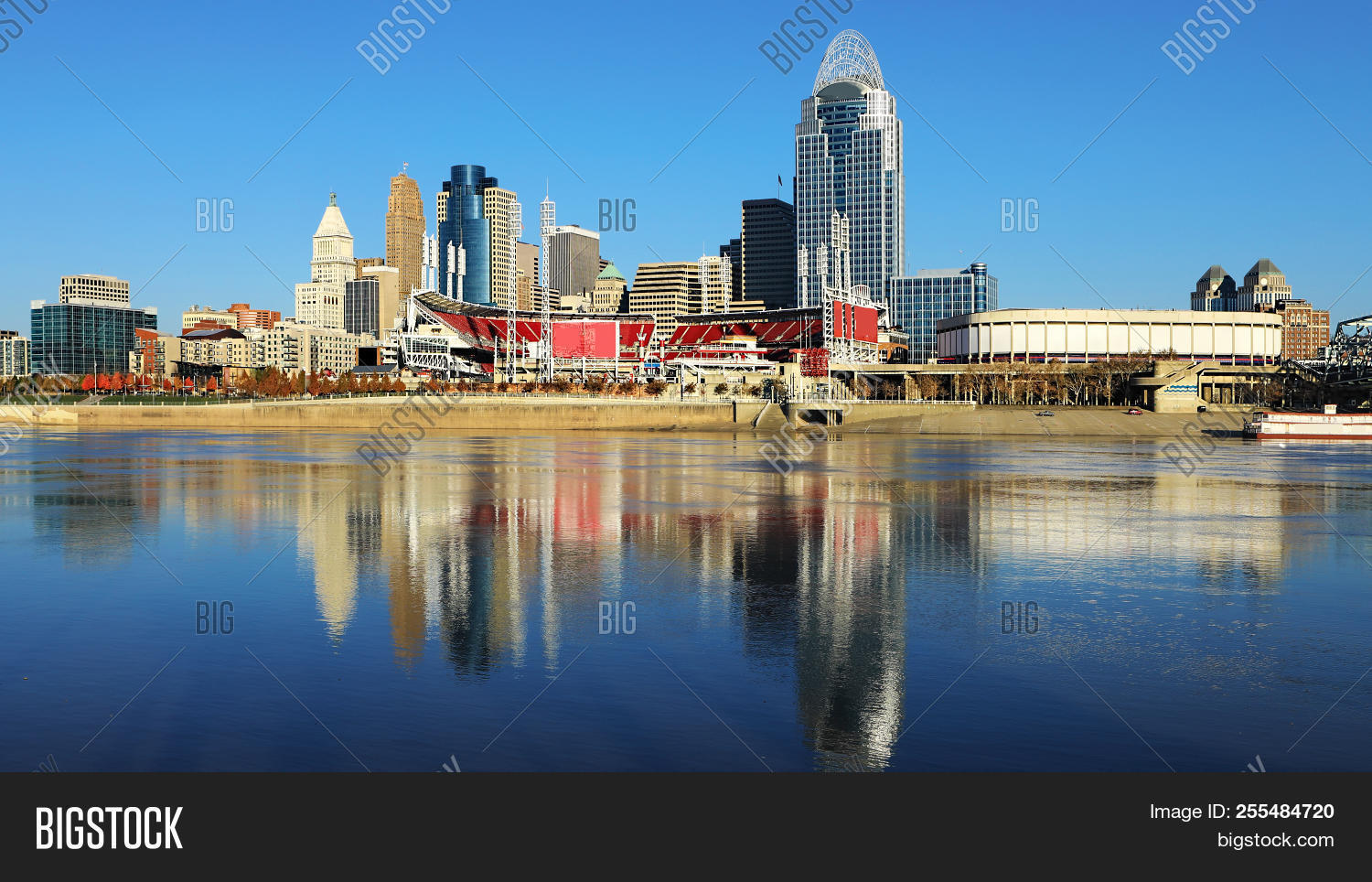 A View Cincinnati Skyline With Ohio River Reflections 255484720 Image Stock Photo