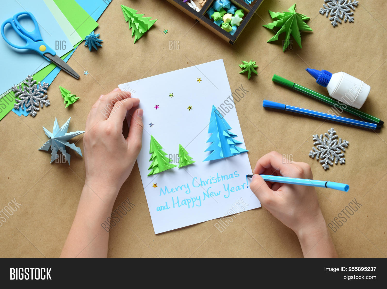Making Greeting Card With Origami 3d Xmas Tree From Paper Merry Christmas And Happy New Year Decora Image Stock Photo 255895237