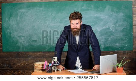 Teacher Interesting Interlocutor As Authority. Teacher Bearded Man Tell Scary Story. Teacher Charism