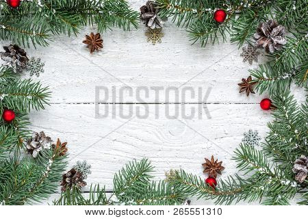 Christmas Frame Made Of Fir Branches, Star Anise, Decorations And Pine ...