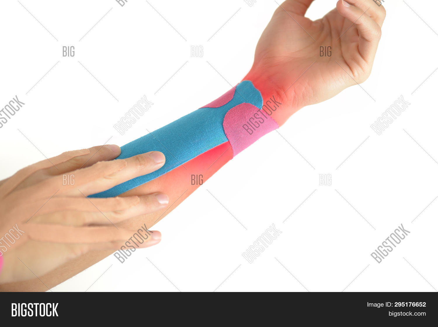Kinesiology Taping On Woman Hand With Painful Area Highlighted In Red