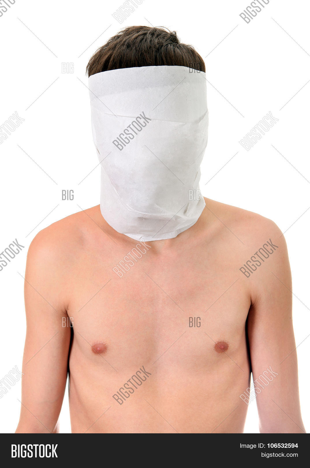 accident,background,bandage,bare,blank,closeup,concept,cover,covering,depersonalized,empty,face,faceless,guy,hair,head,hidden,hide,impersonal,injury,isolated,male,man,mummy,paper,person,portrait,stand,teenager,tied,tissue,toilet,trauma,unclothed,undressed,unrecognizable,white,wrap,wrapped,young
