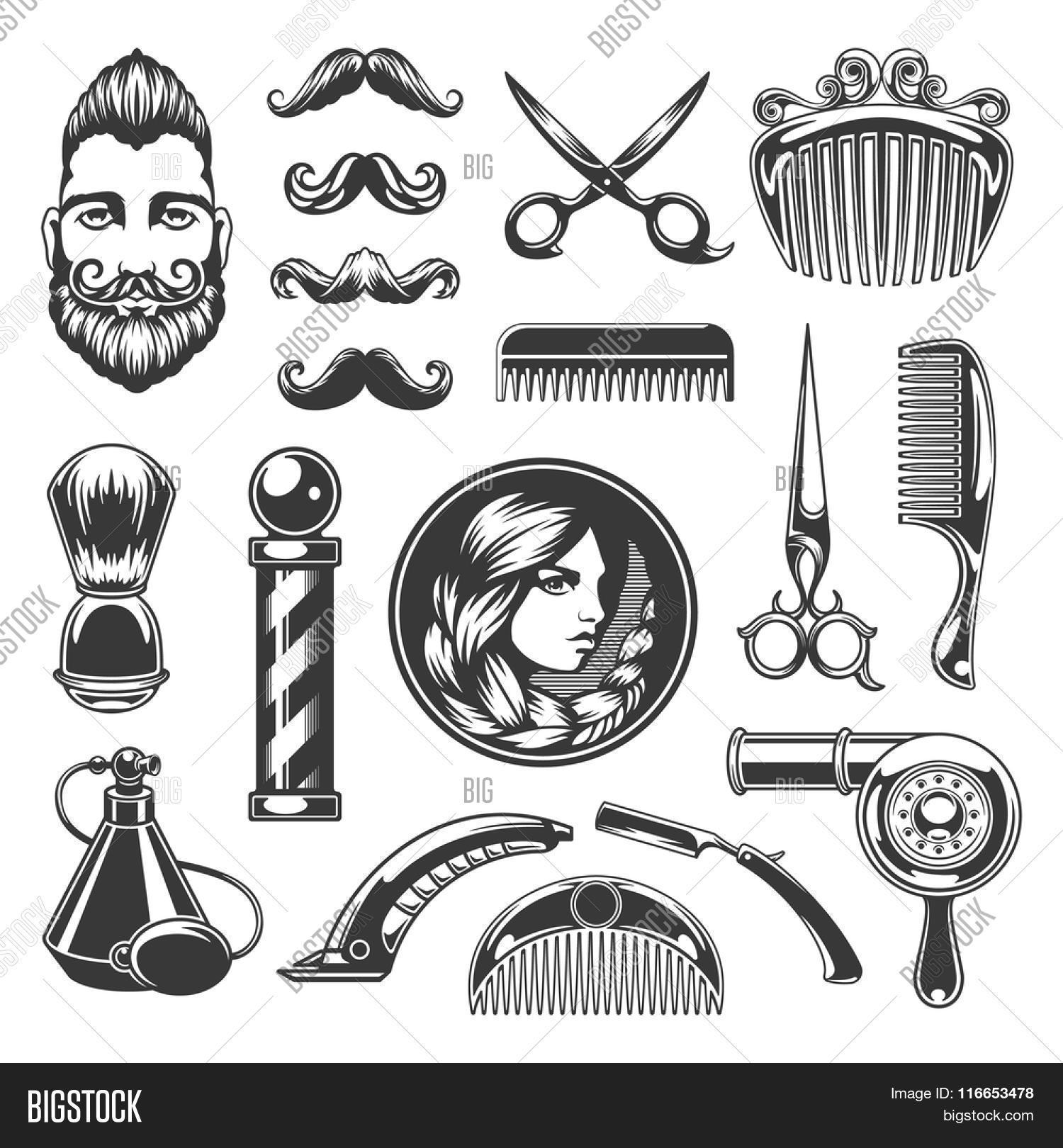 Barber Shop Vector Silhouettes And Icons Set For Logos Labels Badges And Advertising Beauty Salo 116653478 Image Stock Photo