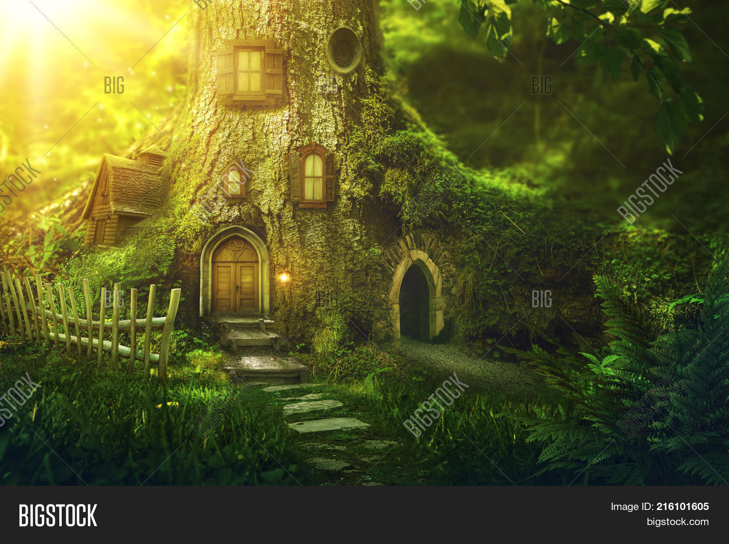 adventure,bright,copy space,deep,door,dream,fairy,fairytale,fantasy,forest,green,home,house,imagination,landscape,lantern,magic,mysterious,mystery,nature,outdoor,steps,sun,tale,tree,window,wood,yellow