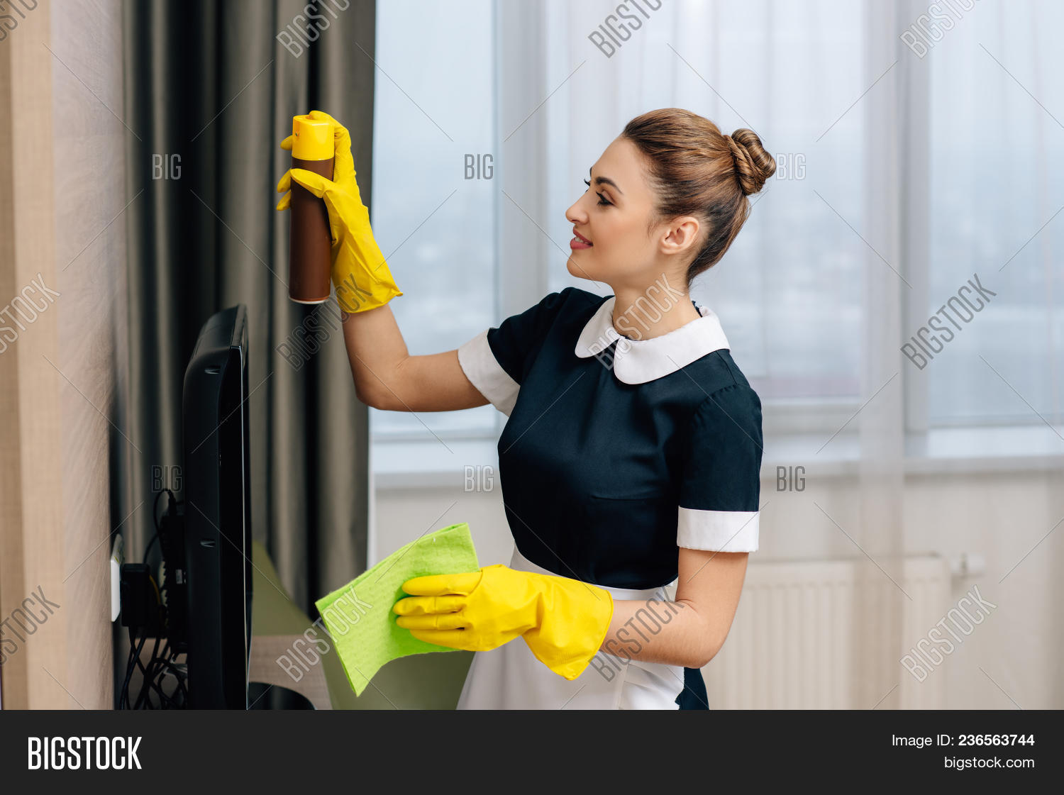aerosol,alone,apron,attractive,beautiful,beauty,can,caucasian,cleaner,cleaning,female,furniture,gloves,home,hotel,housework,indoor,latex,maid,occupation,people,person,place,profession,professional,protection,rag,room,service,spray,suite,uniform,wet,wipe,wiping,woman,work,worker,working,young,youth