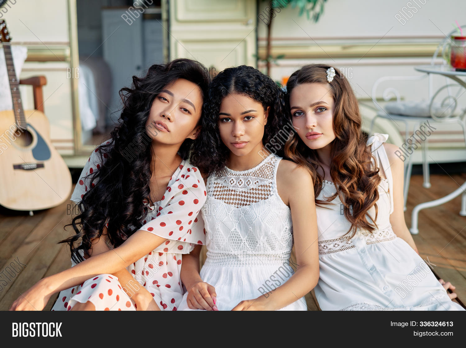 Beautiful Multi Ethnic Girls Posing Near Camper Van Outdoors Caucasian African American And 