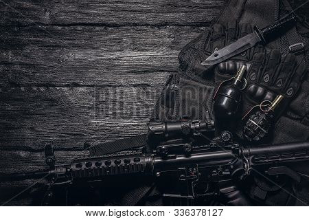 Military Equipment Or Special Agent Gear Concept Flat Lay Background With Copy Space.